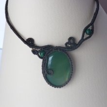 Chocolate brown micro-macramé necklace with a green gemstone